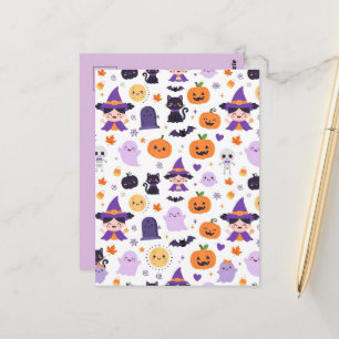 Carte Postale Joyeux Halloween Sorcières Fantômes Chats Chauves-