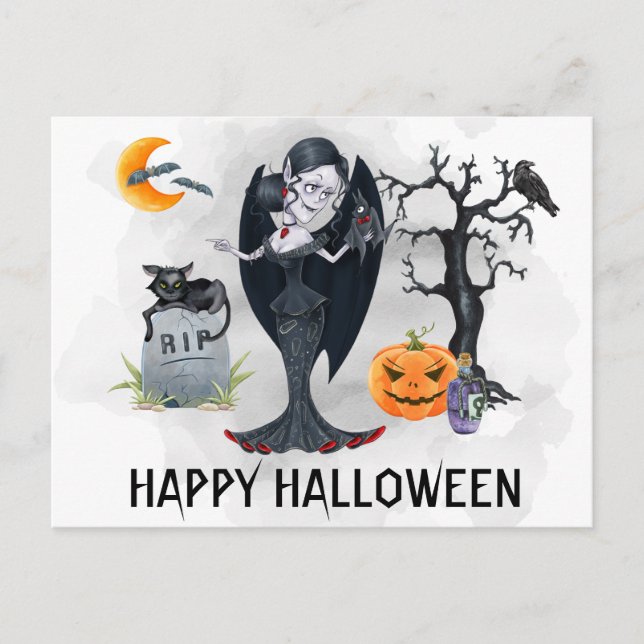 Carte Postale Joyeux Halloween Vampire Aquarelle  (Devant)