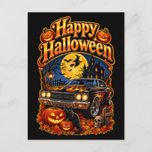 Carte Postale Joyeux Halloween Vintage Classique Muscle Car USA