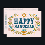 Carte Postale Joyeux Hanoukka Couronne de fleurs Menorah Texte p<br><div class="desc">Texte dessiné à la main et fleurs pour vous. Cliquez sur "personnaliser" pour modifier et ajouter votre propre texte et adresse de retour au verso de la carte postale ou changer les couleurs de fond. Tout est personnalisable. Pour plus de modèles et de couleurs, consultez ma boutique ! Ou faites-le...</div>