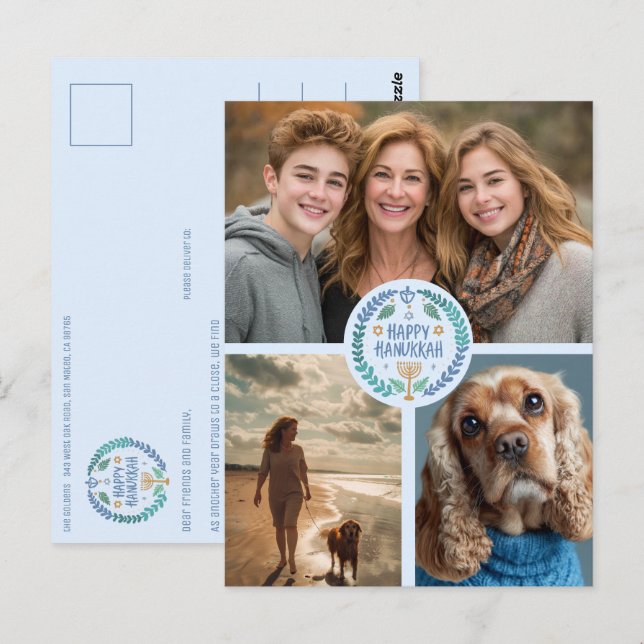 Carte Postale Joyeux Hanoukka CUSTOM 3 PHOTO FÊTE (Devant / Derrière)