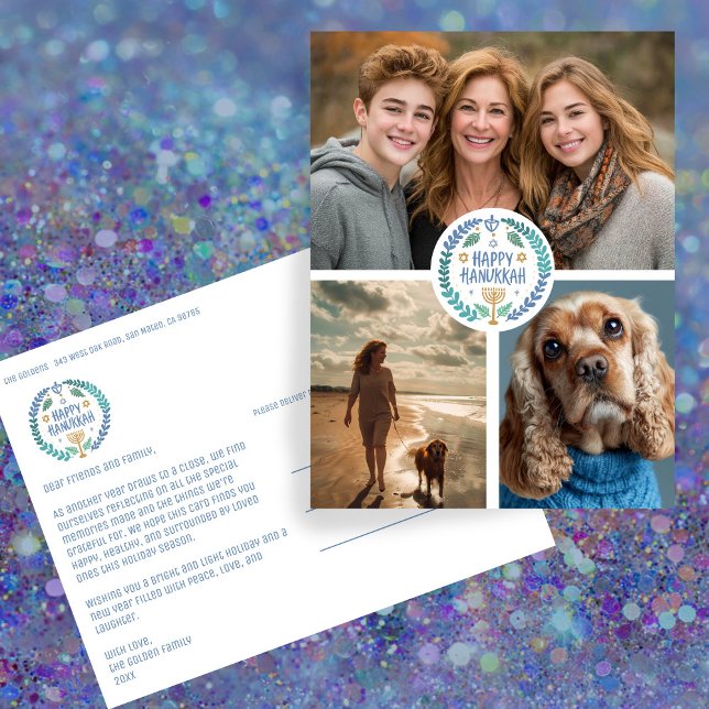 Carte Postale Joyeux Hanoukka CUSTOM 3 PHOTO FÊTE (Happy Hanukkah Hand-Drawn CUSTOM 3 PHOTO Collage Jewish Holiday Postcard
)