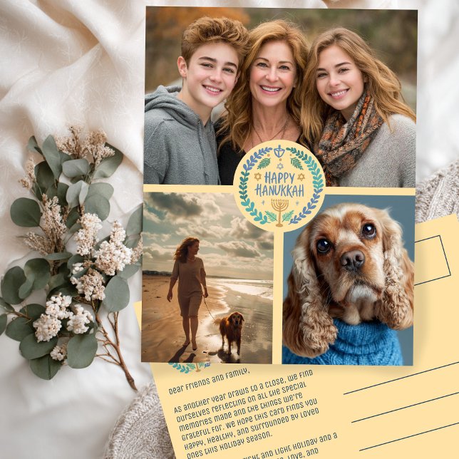 Carte Postale Joyeux Hanoukka CUSTOM 3 PHOTO FÊTE (Happy Hanukkah Hand-Drawn CUSTOM 3 PHOTO Holiday Postcard
)
