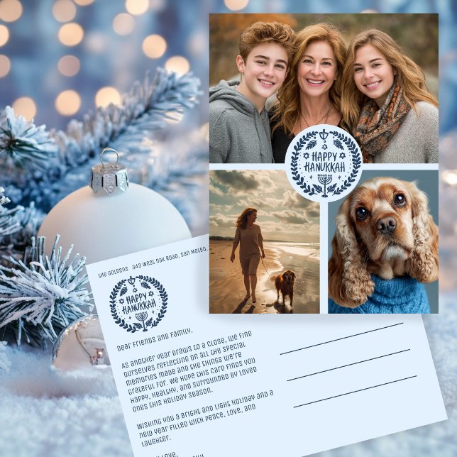 Carte Postale Joyeux Hanoukka CUSTOM 3 PHOTO FÊTE (Happy Hanukkah Hand-Drawn CUSTOM 3 PHOTO Holiday Postcard
)