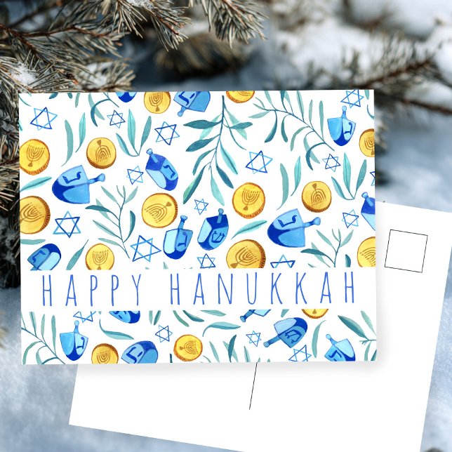 Carte Postale Joyeux Hanukkah Driedel Gelt Aquarelle PERSONNALIS (Happy Hanukkah Driedel Gelt Watercolor CUSTOM Postcard
)