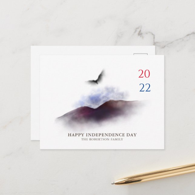 Carte Postale Joyeux Jour de l'Indépendance Aquarelle Montagnes  (Devant/Arrière en situation)