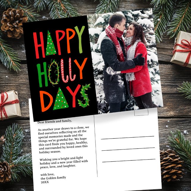 Carte Postale JOYEUX JOURS SAINTS FÊTES Noël PERSONNALISÉ Photo (HAPPY HOLLY DAYS Hand-Drawn Lettering Holiday Xmas Christmas CUSTOM Photo Postcard
)
