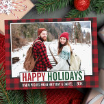 Carte Postale Joyeux Joyeux Vacances Moderne Photo Rouge Plaid<br><div class="desc">Carte postale moderne Happy Holidays Photo Green and Red Holiday - Rustic Red Plaid</div>