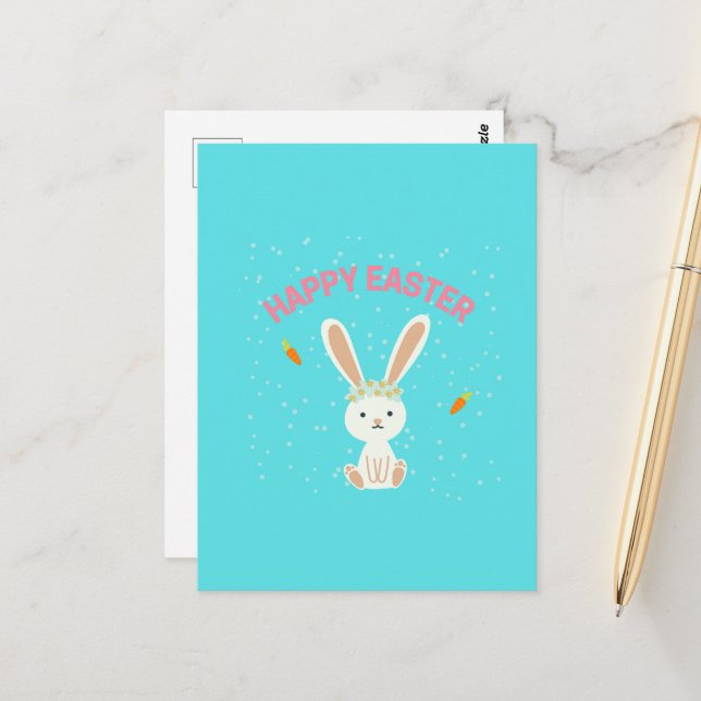 Carte Postale Joyeux lapin blanc de Pâques sur bleu (Devant/Arrière en situation)