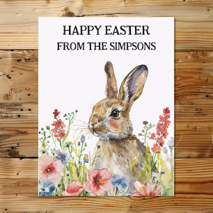 Carte Postale Joyeux lapin d'aquarelle de Pâques en Fleurs Famil