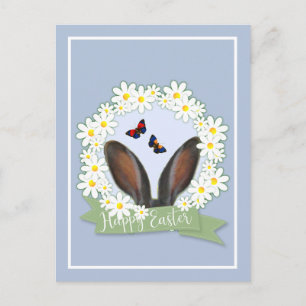 Carte Postale Joyeux Lapin de Pâques Oreilles Marguerites Wreath
