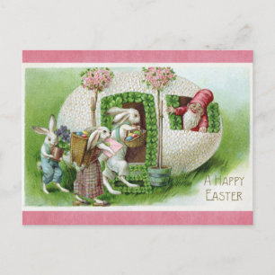 Carte Postale Joyeux lapin lapin Vintage de Pâques Gnome d'oeuf