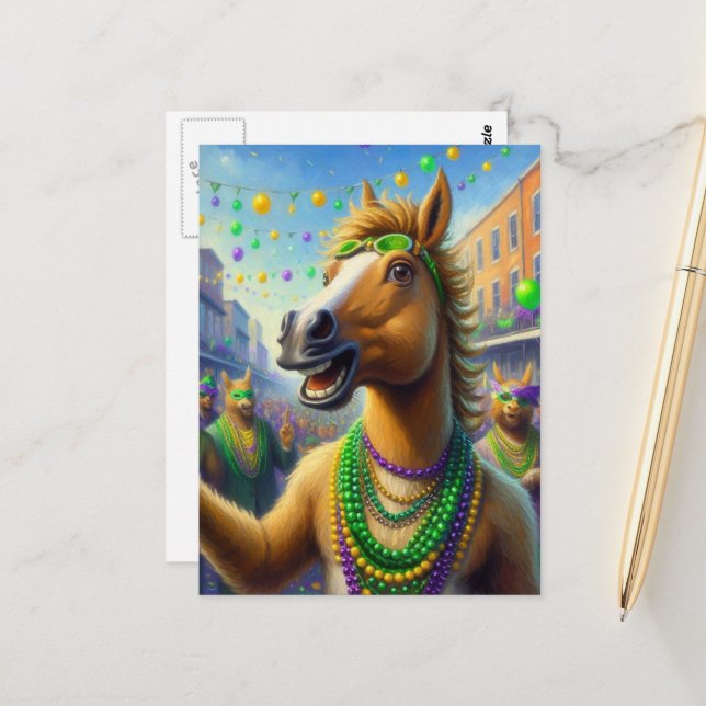 Carte Postale Joyeux Mardi Gras Cheval Avec Des Perles (Devant/Arrière en situation)