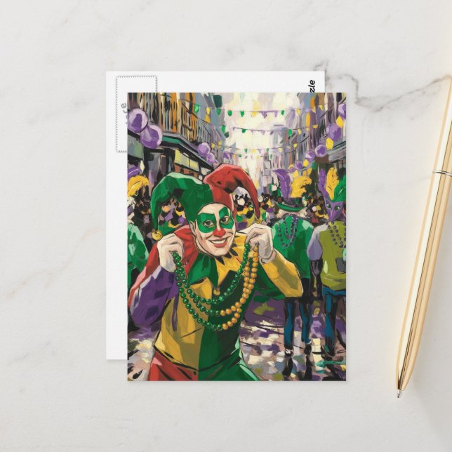 Carte Postale Joyeux Mardi Gras Jester (Devant/Arrière en situation)