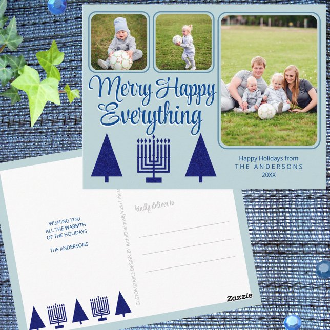 Carte Postale Joyeux Marine Famille Interconfessionnelle Enfants (Add your photos and text to these custom MERRY HAPPY EVERYTHING holiday postcards)