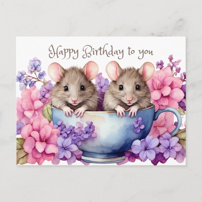 Carte Postale Joyeux Mice d'aquarelle d'anniversaire dans une Te (Devant)