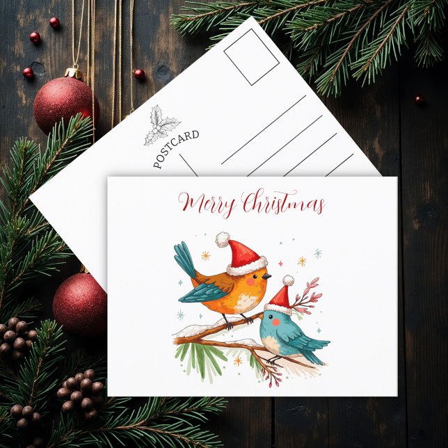 Carte Postale Joyeux Noël à deux oiseaux aimants (Créateur téléchargé)