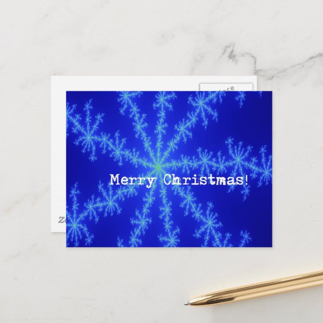 Carte Postale Joyeux Noël Abstrait Flocon de Neige Bleu (Devant/Arrière en situation)
