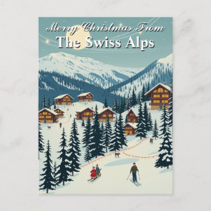 Carte Postale Joyeux Noël Alpes suisses Village de ski alpin
