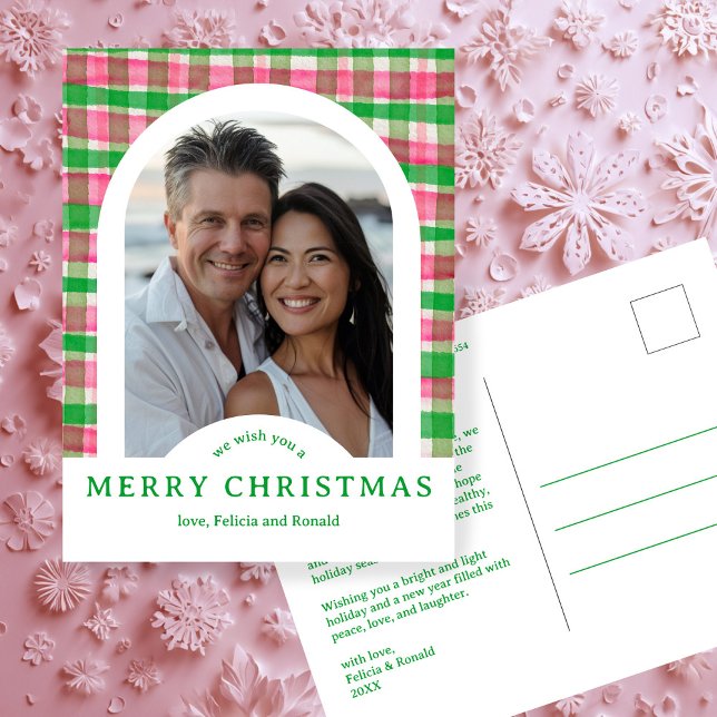 Carte Postale JOYEUX NOËL Aquarelle Plaid ARCH PHOTO PERSONNALIS (MERRY CHRISTMAS Watercolor Plaid CUSTOM Arch PHOTO Pink Green Preppy Holiday Postcard
)