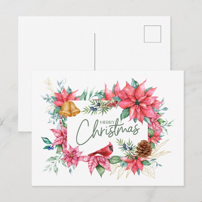 Carte Postale Joyeux Noël Aquarelle Poinsettia Fleurs (Devant / Derrière)