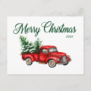 Carte Postale Joyeux Noël Aquarelle Vintage Camion rouge Année