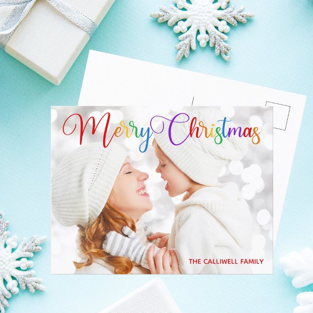 Carte Postale Joyeux Noël Arc en ciel Script Famille Photo Plutô (Créateur téléchargé)