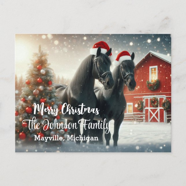 Carte Postale Joyeux Noël avec deux chevaux noirs (Devant)