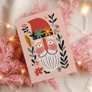 Carte Postale Joyeux Noël avec un Père Noël mignon Rétro Floral 