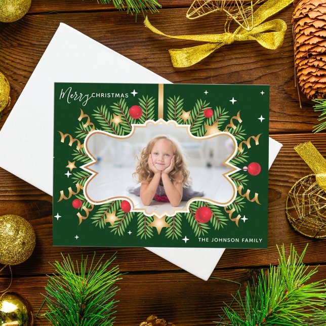 Carte Postale Joyeux Noël Belle Verte Gold Photo Wreath (Créateur téléchargé)