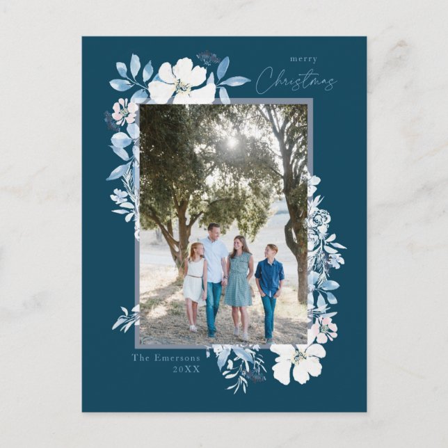 Carte Postale Joyeux Noël bleu aquarelle Fleur Cadre foncé (Devant)