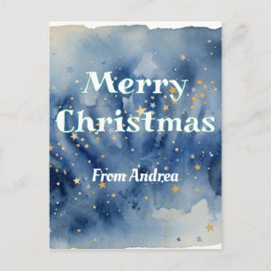 Carte Postale joyeux noël bleu blanc étoiles aquarelle jaune