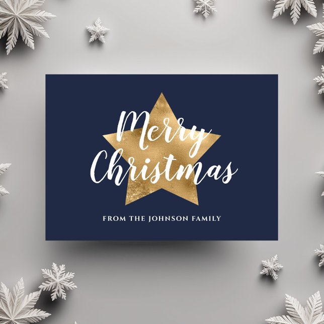 Carte Postale Joyeux Noël bleu étoile d'or de la marine moderne (Modern Navy Blue Gold Star Merry Christmas Postcard)