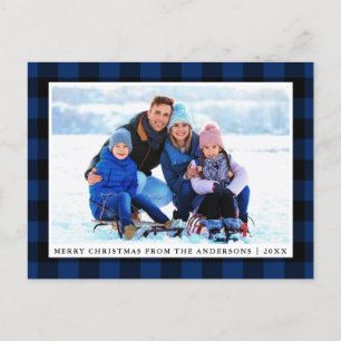 Carte Postale Joyeux Noël bleu Plaid Photo de famille