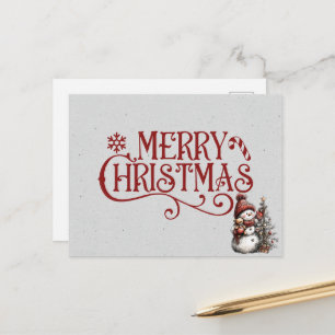 Carte Postale Joyeux Noël Bonhomme de Neige Décorant l'Arbre