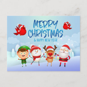 Carte Postale Joyeux Noël Bonhomme de neige Père Noël Rudolph El