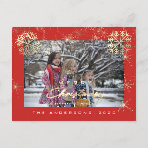 Carte Postale Joyeux Noël Bonne année Gold Snowflakes Rouge