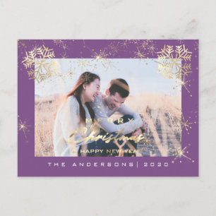 Carte Postale Joyeux Noël Bonne année Gold Snowflakes violet