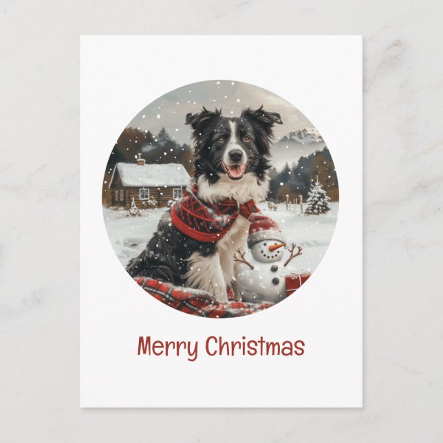 Carte Postale Joyeux Noël Bordure Collie Chien Snowman (Devant)