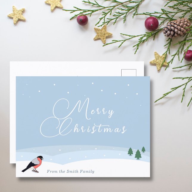 Carte Postale Joyeux Noël - Bouvreuil et Neige (Bullfinch & Snowy Landscape Merry Christmas Card - Front)