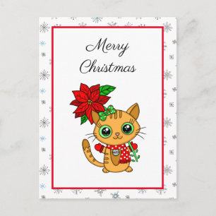 Carte Postale Joyeux Noël Chat orange avec Poinsettia
