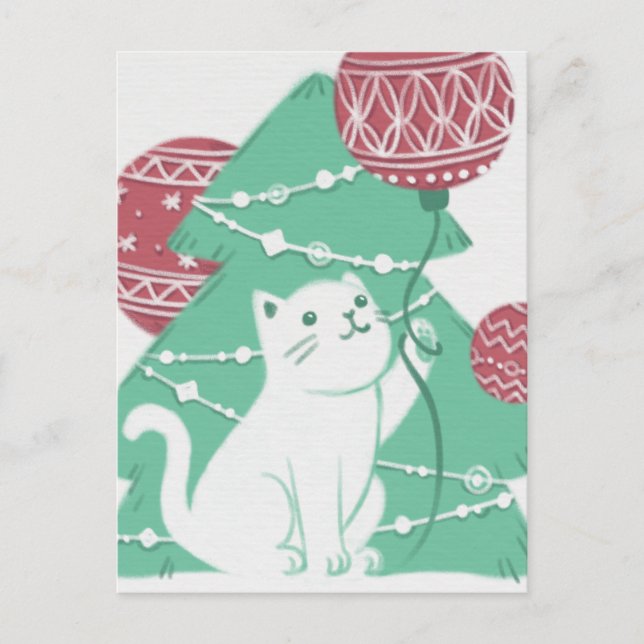 Carte Postale Joyeux Noël : Chat & Ornements (Devant)