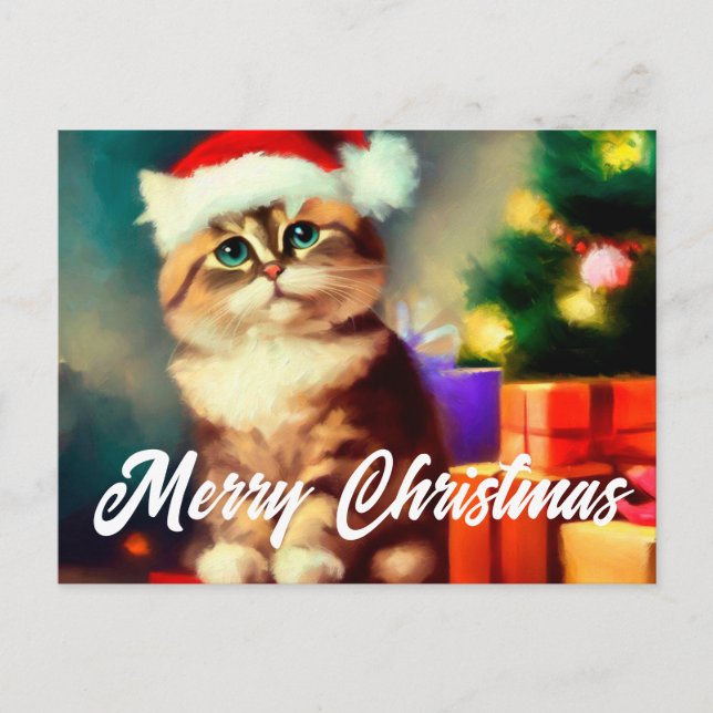 Carte Postale Joyeux Noël chat santa claus (Devant)