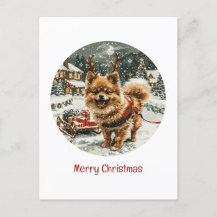 Carte Postale Joyeux Noël Chien de rennes de Poméranie