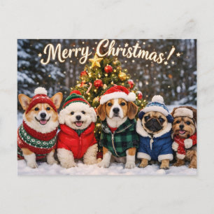 Carte Postale Joyeux Noël Chiens mignons et sapin de Noël
