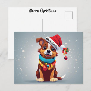 Carte Postale Joyeux Noël Chiot Décoré Chapeau de Père Noël 