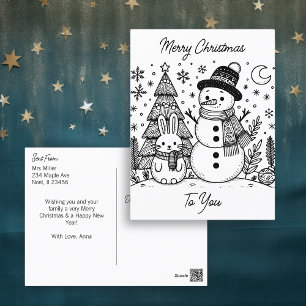 Carte Postale Joyeux Noël couleur moi   Snowman et Bunny