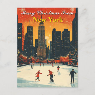 Carte Postale Joyeux Noël de New York Retro Patinage sur glace