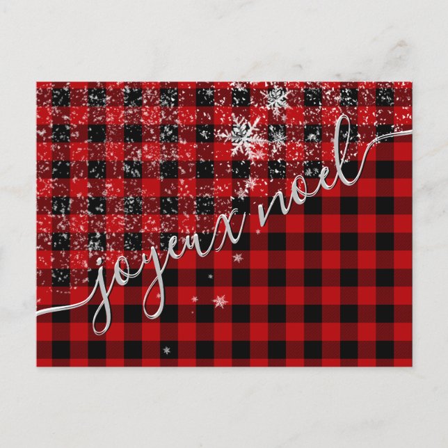 Carte Postale Joyeux Noël de Script de Neige Plaid Buffle Rouge (Devant)