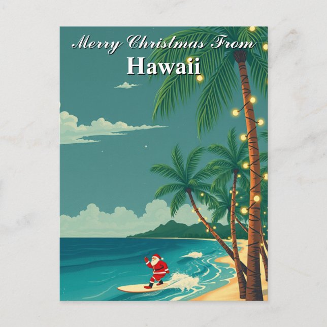 Carte Postale Joyeux Noël depuis Hawaii Tropical Santa Surfing (Devant)